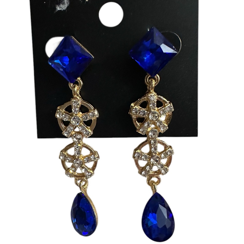 Saks Fifth Avenue Fashion Gold tone Earrings Blue with Rhinestones NWT